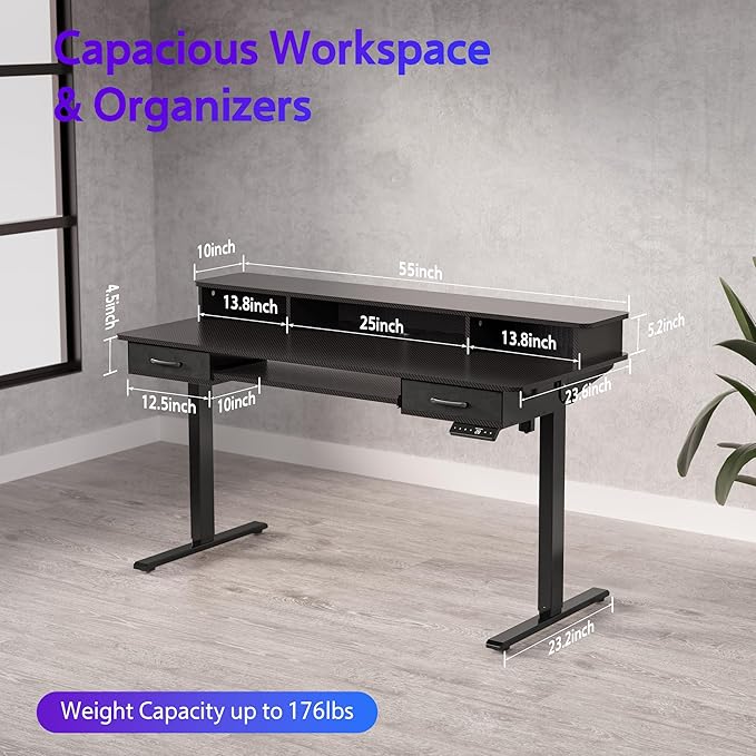 55x24 Inches Electric Standing Desk with Keyboard Tray, Height Adjustable Stand up Desk with 2 Drawers, Ergonomic Sit to Stand Desk with Storage Monitor Stand, Computer Table, Black