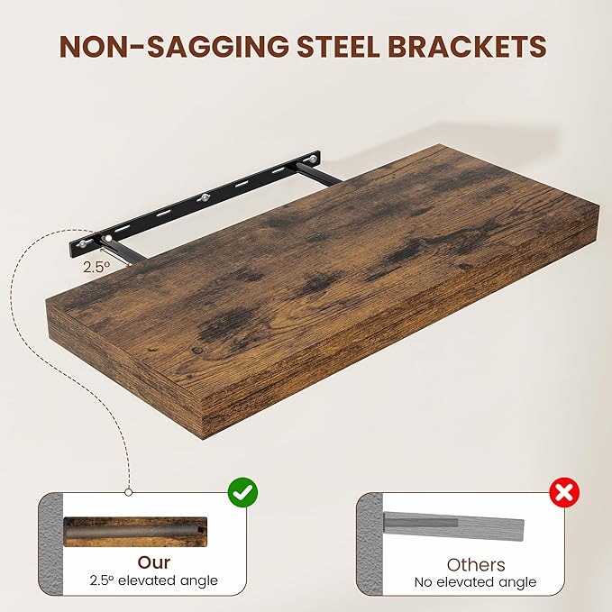 Vivelove 12" Deep Floating Shelves 47.2" Long, Wall Shelves for Living Room Bedroom Bathroom Kitchen Laundry Room, Farmhouse Rustic Shelves for Home Decor, 47.2" X 12" X 2" Set of 2, Rustic Brown