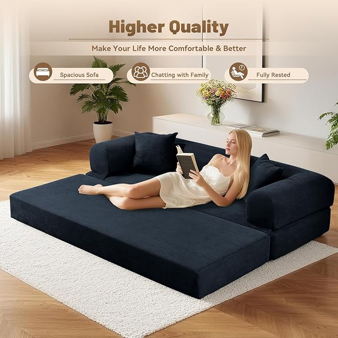 80" Convertible Sofa Bed,Folding Pull Out Couch with Pillows & Storage Pocket,Modular Corduroy Queen Sleeper Sofa in a Box,No Assembly Boneless Couch for Living Room,Deep Blue