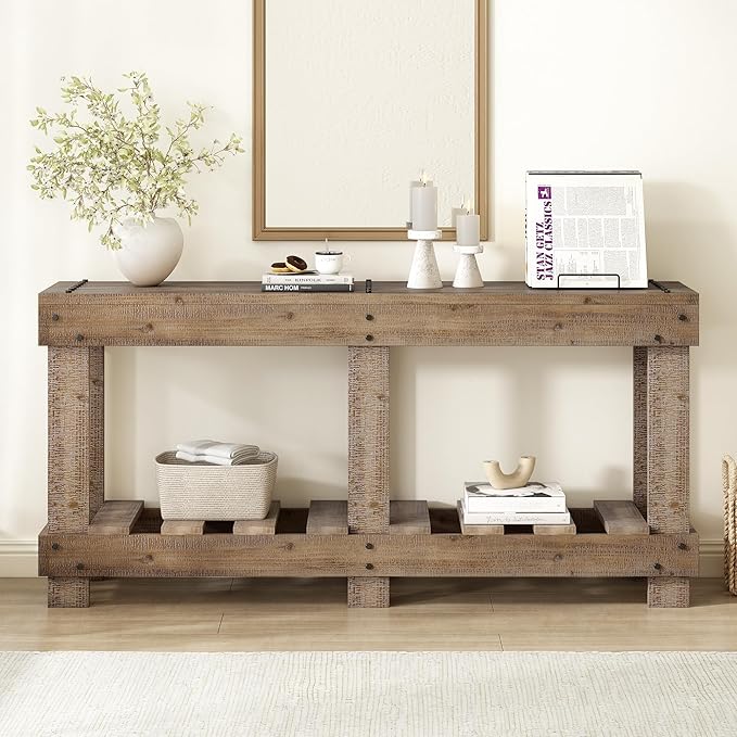 62.9" Vintage Entryway Table - Solid Cedar Wood with Natural Grain, 6 Reinforced Legs & 4.5" Thick Desktop, Metal Rivet Decor & Plank Under-Shelf, Console Table for Hallway, Living Room (Natural)