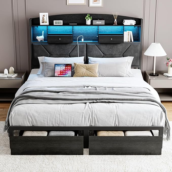 Full Size Black Bed Frame with 4 Storage, Upholstered Velvet Platform Bed Frames with Button Tufted Headboard Led Lights, Wooden Slats Support, No Box Spring Needed, Black