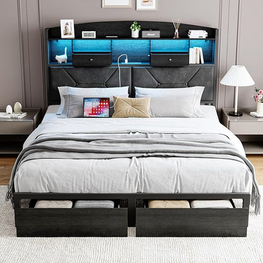 Full Size Black Bed Frame with 4 Storage, Upholstered Velvet Platform Bed Frames with Button Tufted Headboard Led Lights, Wooden Slats Support, No Box Spring Needed, Black