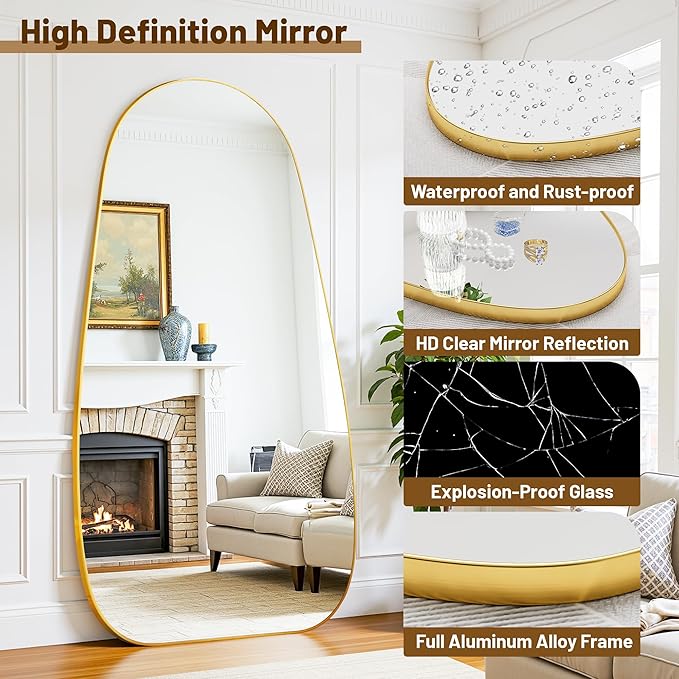 Antok Full Length Mirror, 76"x36" Floor Mirror with Stand,Standing Hanging Leaning Irregular Mirrors for Bedroom Living Room Entryway,Tear Drop Style,Golden