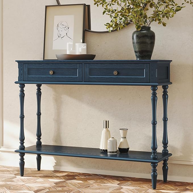 ARTPOWER Console Table for Entryway with 2 Drawers-Minimal Assembly,Blue Retro Entryway Table with Storage Cabinets and Open Shelf,Narrow Long Couch Table Behind Sofa for Living Room,Foyer,Hallway