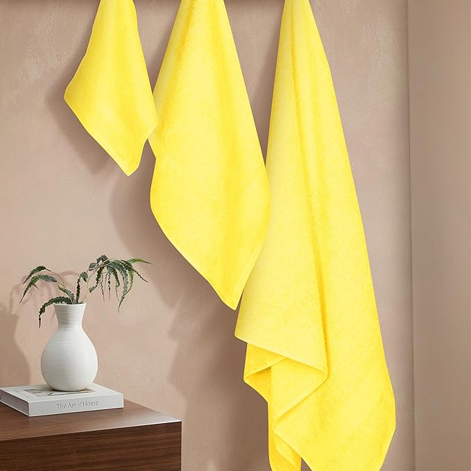 BOUTIQUO Ultra Soft 3 Pack Cotton Towel Set, Contains a Bath Towels 27x54 inch, a Hand Towels 16x24 inch & a Wash Coths 12x12 inch, Ideal Everyday use, Compact & Lightweight - Lime Yellow