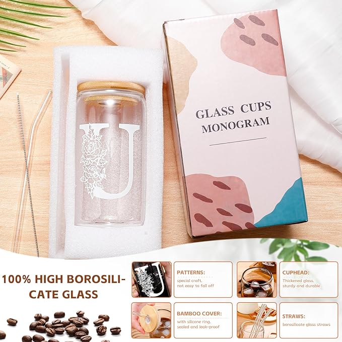 DWTS DANWEITESI Birthday Gifts for Women: Initial Glass Cup as Office Graduation Memorial Holiday Personalized Gifts - for Teacher Employee Nurse Coworkers Bridesmaid Bride - U Aesthetic Cup