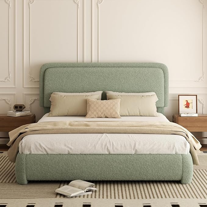 Queen Bed Frame, Teddy Velvet Boucle Bed Frame with 43.3"/45.3" Adjustable Upholstered Headboard, Rounded Corners, Mattress Foundation, No Box Spring Required, Green