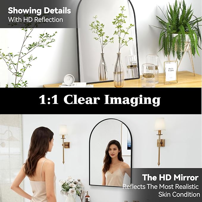 30x20 Arch Mirror Rectangle Wall Mounted Hanging or Against Wall Aluminum Alloy Metal Frame Dressing Make-up Mirrors for Entryway Bedroom Bathroom Living Room 30 20 inch Black