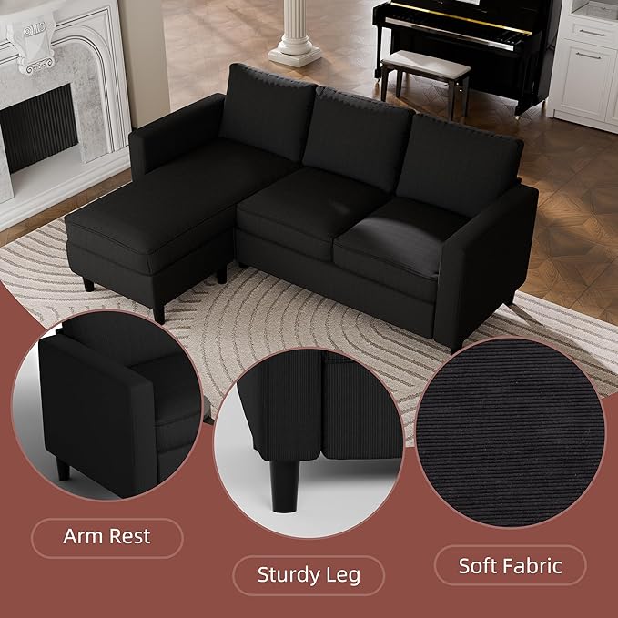 JAMFLY Sectional Sofa Couch Convertible L Shaped Sofas with Ottoman Small Sectional Couches for Living Room, 3 Seater Couch for Small Spaces, Black