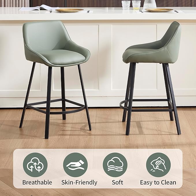 26" Modern Bar Stools Set of 2, Faux Leather Upholstered Bar Stools, Counter Height Bar Chairs with Back for Kitchen, Dining Room, Cafe, Bar - Green
