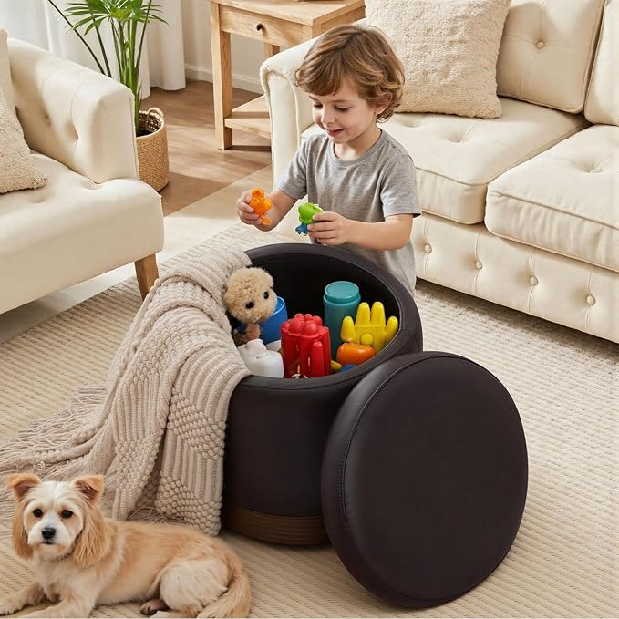 Round Ottoman with Storage,Swivel Vanity Stool-Leather Foot Rest,Upholstered Footstool Pouf with Sturdy Wooden Frame(500 Lb),Small Coffee Table & Hidden Storage Ottoman for Living Room
