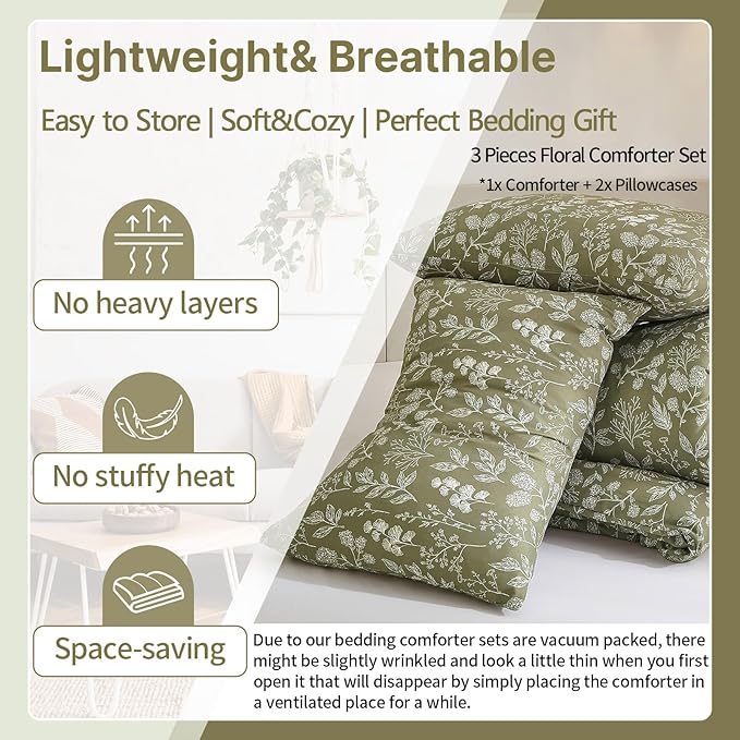 EAVD Fresh Botanical Floral Comforter Set Full Dark Olive Green Soft Microfiber Chic Cute Garden Floral Bedding Comforter Set 1 Full Comforter and 2 Pillowcases Botanical Comforter for All-Season