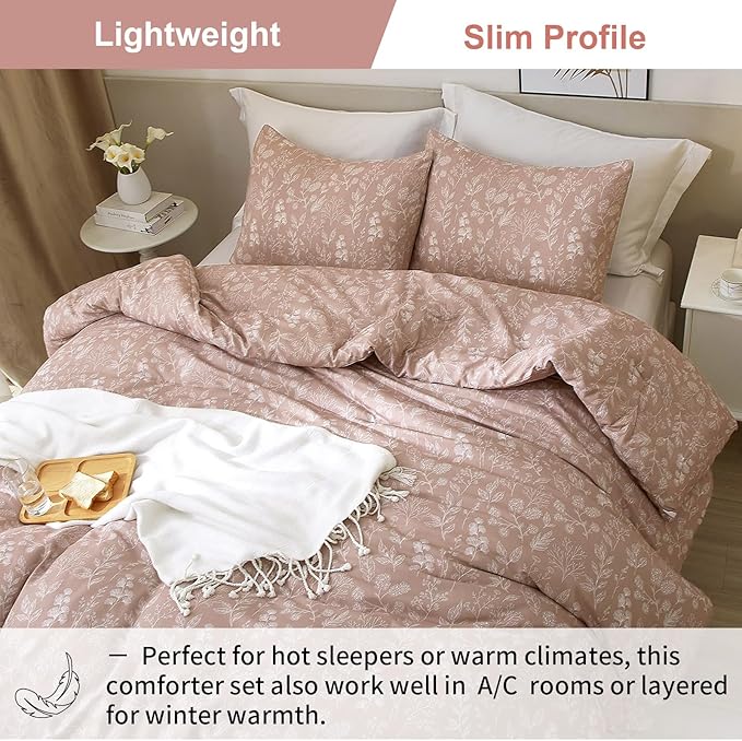 EAVD Vintage Garden Floral Comforter Set Queen Grayish Pinkish Soft Microfiber Chic Cute Floral Bedding Comforter and 2 Pillowcases Fresh Reversible Botanical Comforter Set for All-Season