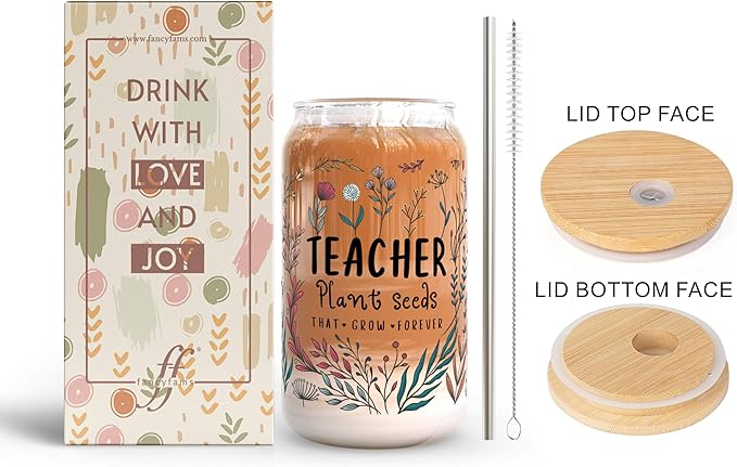 Fancyfams 16 oz Glass Teacher Cup with Bamboo Lid, and Straw, Birthday, Teacher Appreciation Gifts for Women, Iced Coffee Can Shaped Cup Jar Tumbler (Plant Seeds)