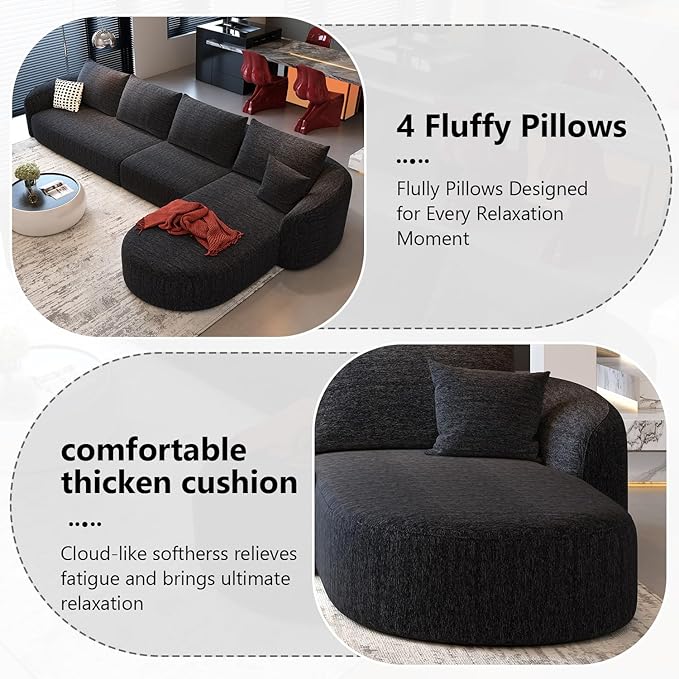 138.6" Modular Sectional Couches Luxury Modern Curved Back Sofa,Minimalist Comfy L-Shape Boneless Cloud Couch for Living Room Apartment,(Right Facing Chaise,Black)