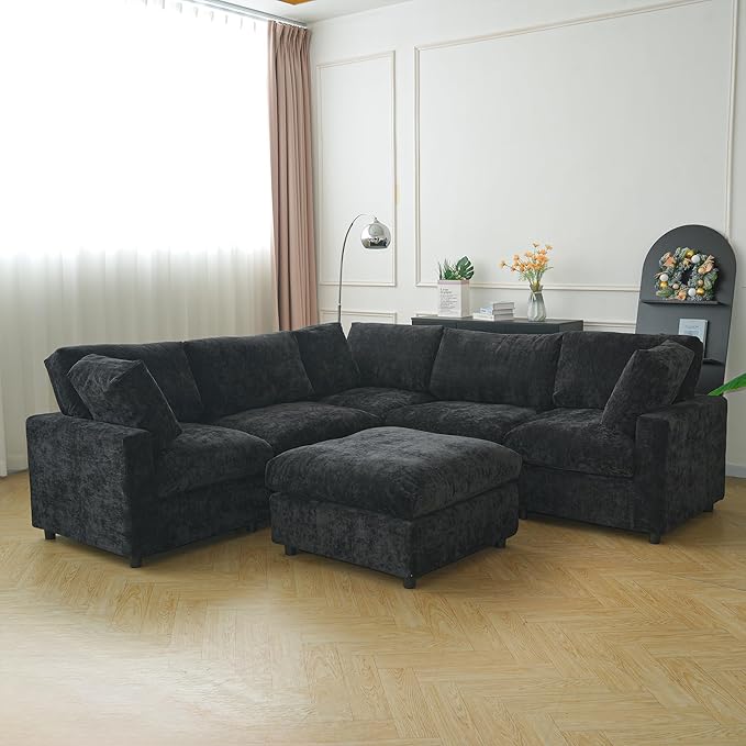 JACH V Shape Sectional Couches with Chaise Ottoman, Convertible Modular Sofa, Cloud Sectional Couch, Sofa Covers Washable, Minimalist Couch for Living Room, Apartment, Black
