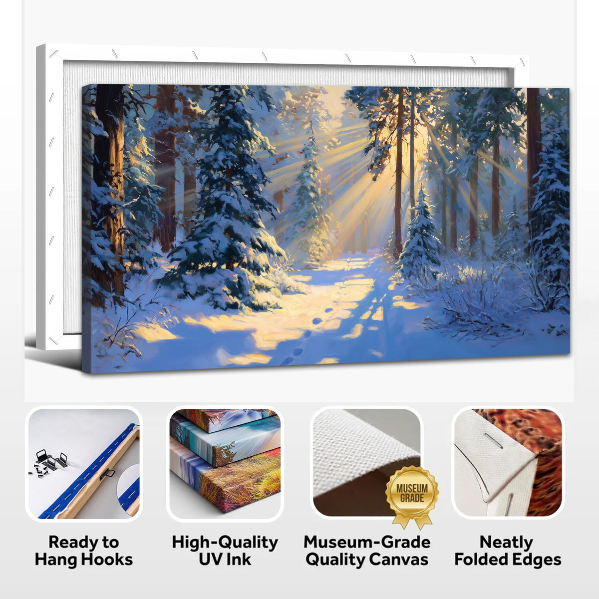 TEPAKIHI Winter Landscape Canvas Wall Art, Snowy Forest Sunlight Painting, Winter Scene Picture Artwork for Living Room Bedroom Home Decor Ready to Hang (16x32 inches)