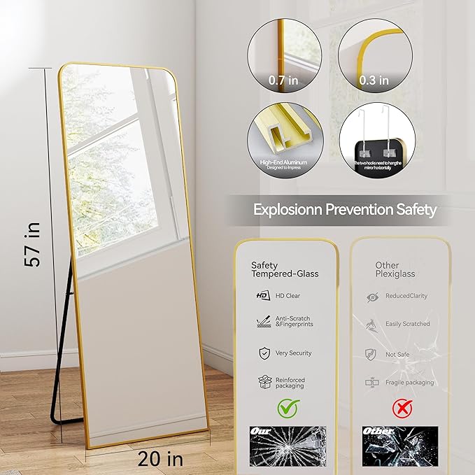 57x20 Door Hanging Full Length Mirror, Floor (Height 5.7ft just Body in 1.3ft) or Wall Mounted Metal Frame Rectangle Dressing Mirrors for Bedroom Bathroom Living Room 57 inch Gold