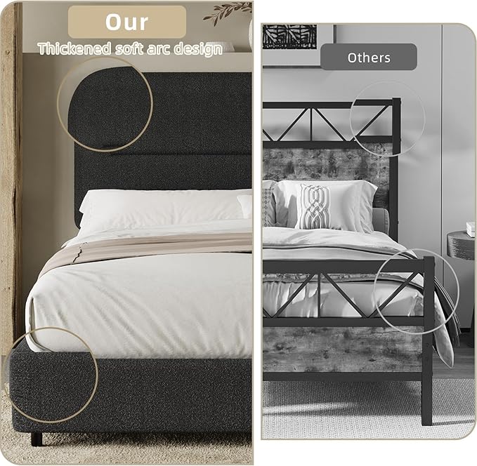 HOMBCK Full Size Boucle Bed Frame, Upholstered Bed Frame Full with Headboard, Soft BedFrame with Thickened Footboard, Soft Rounded Corners, No Box Spring Required, Easy Assembly, Black