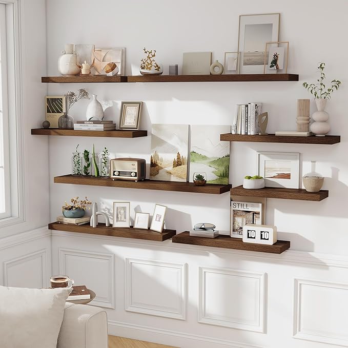 Fun Memories Floating Shelves for Wall Set of 2, 28 Inch Long Floating Shelves for Home Decor, Rustic Wood Wall Mounted Shelf, Hanging Deep Shelf for Living Room, Bedroom, Bathroom, Kitchen, Walnut
