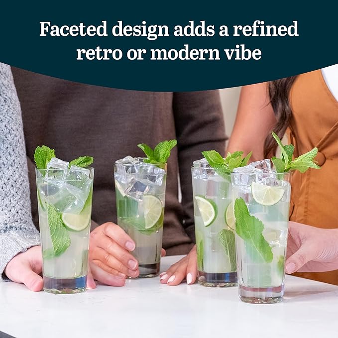 Libbey Bellevue Cocktail Glasses Set, 13.5 Oz, Clear, Stylish Retro Stackable Glass Cups, Modern Glassware Set for Cocktails, Mojito, and More