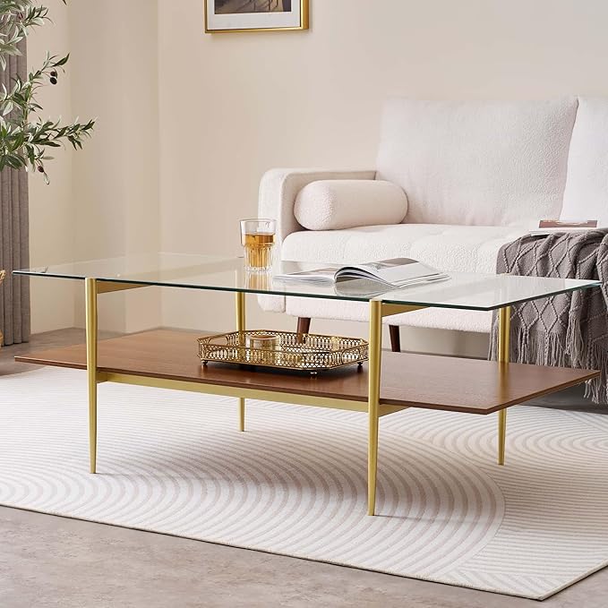 Extra Large Rectangle Glass Coffee Table, Mid-Century Modern Design, for Living Room, L47 x W24 x H17 Inch, Clear Glass Top and Walnut MDF Shelf, Sleek Conical Metal Legs with Gold Finish