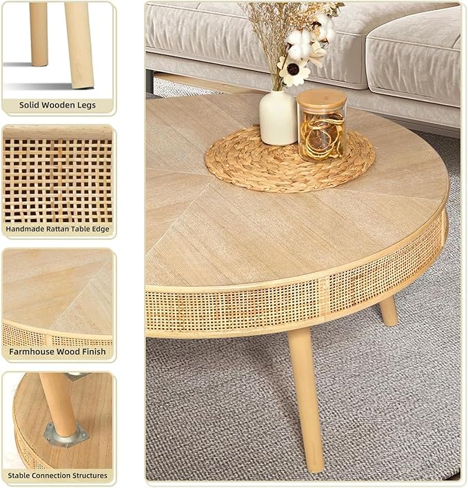 RUSTOWN 2-Piece Round Coffee Table Set with Rattan Accent, Soild Wood Leg, Farmhouse Modern Side Tables for Living Room, Boho Decor, Natural Finish