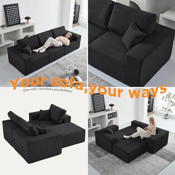 INGEROOM 108" Cloud Sectional Couch with Chaise, Modular L-Shaped Sofa Deep Seat Comfy Corduroy Memory Foam Couch for Living Room Bedroom, No Assembly Required, Black