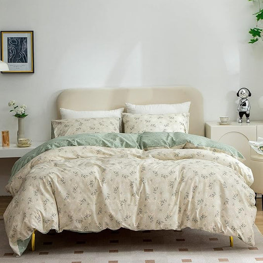King Comforter Set - Soft Cute Floral Bedding, Green Flower Print Botanical Garden Style, 1 Comforter and 1 Pillowcases for All Seasons