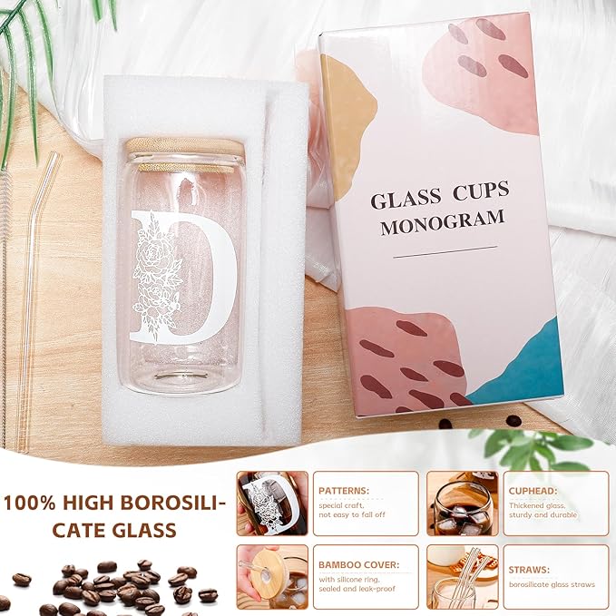 Christmas Gifts for Women: Initial Glass Cup as Office Graduation Memorial Holiday Personalized Gifts - for Mom Grandma Wife Girlfriend Sister Daughter Friend Christmas Gifts - D Aesthetic Cup