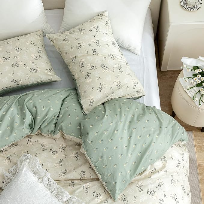 Floral Full Comforter Set Soft Cute Floral Bedding Comforter Sets Garden Style Green Flower Print Botanical Flowers Full Comforter Set for All Seasons 1 Comforter and 2 Pillowcases