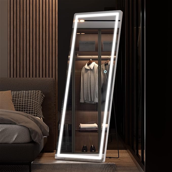 Hasipu Full Length Mirror with Lights, 61" x 22" LED Floor Mirror, Full Body Dressing Standing, Hanging Mounted Mirror for Living Room Bedroom Cloakroom, Round White