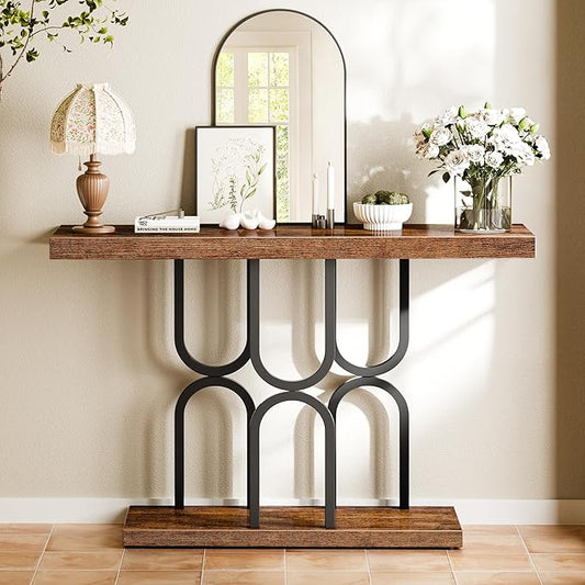 Huuger 47.2 Inch Entryway Table, Industrial Console Sofa Table, Narrow Accent Table, for Entry, Hallway, Entrance, Foyer, U-Shaped Metal Base, Rustic Brown