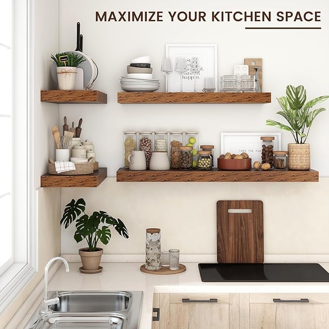 Floating Shelves for Wall, 48 Inch Wide x 12 Inch Deep Floating Shelves, Long Wood Floating Wall Shelf Shelves for Living Room Bathroom Bedroom Kitchen Home - (Brown, 48" W x 12" D x 2" H)