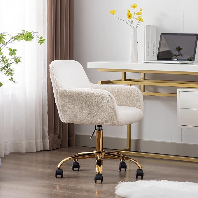 Goujxcy Fluffy Desk Chair, White Faux Fur Vanity Chair Swivel Office Chair for Girls Women, Height Adjustable Cute Teddy Furry Makeup Chairs for Bedroom Home Office