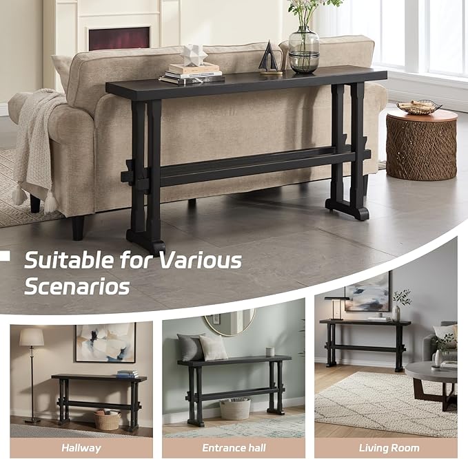 Kmax Entryway Table, 59 inchs Wood Farmhouse Console Table Boho Hallway Table Rustic Couch Table Behind Sofa for Outdoor Entrance Living Room - Black