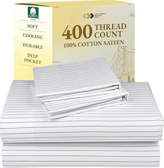 California Design Den Printed King Size Sheets Set - Luxury 400 Thread Count Sateen, Natural 100% Cotton Sheets Set, Deep Pockets, Cooling and Durable Bedding - Pinstriped