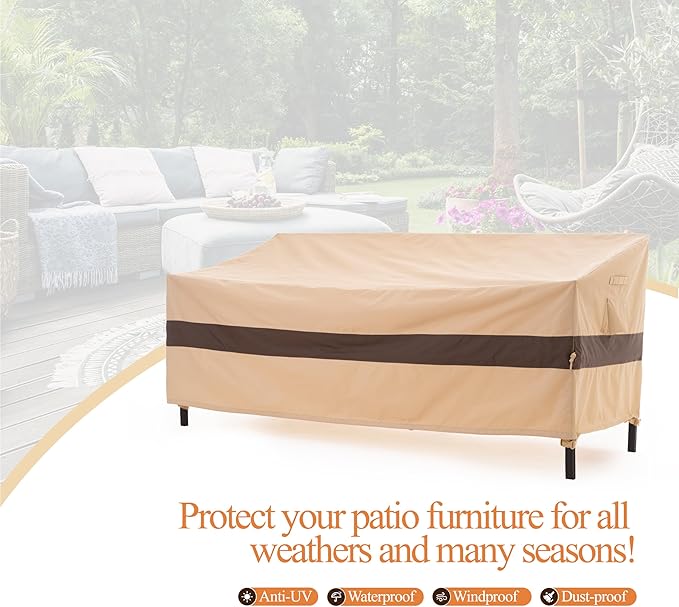 WJ-X3 Outdoor Loveseat Cover for 2-Seater Sofa, Waterproof & Heavy-Duty, Windproof Design, 58" W x 40" D x 35" H, Beige & Coffee