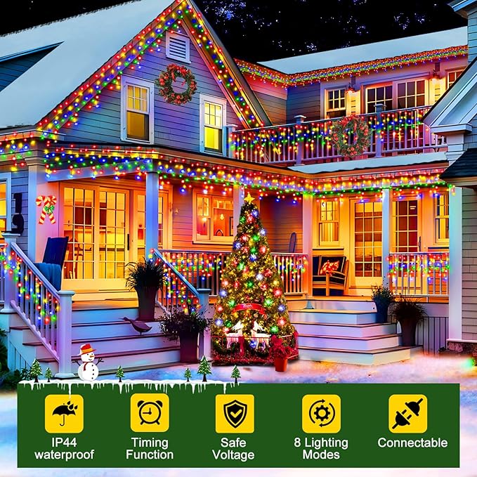 Hezbjiti 400LED Christmas Icicle Lights - 33FT Dark Green Wire with 8 Modes & 75 Drops for Outdoor Decor