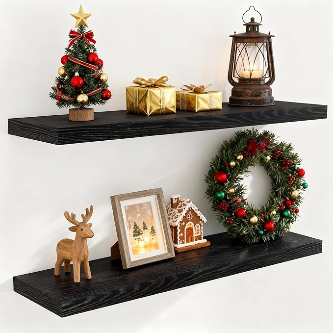 40 Inch Floating Shelves for Wall, 9.3 Inch Deep Shelves for Books & Decor, Wall-Mounted Floating Shelf 40 Inch Long Set of 2, Rustic Wooden Shelf for Living Room, Bedroom, Kitchen, Black