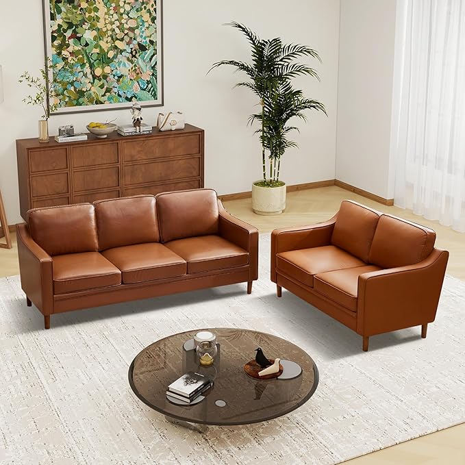 Kingfun Living Room Furniture Sets, 3 Seater Couch and Loveseat, Mid Century Modern Sofa Set, Faux Leather Couch with Solid Wood Frame for Living Room & Bedroom, Dark Brown