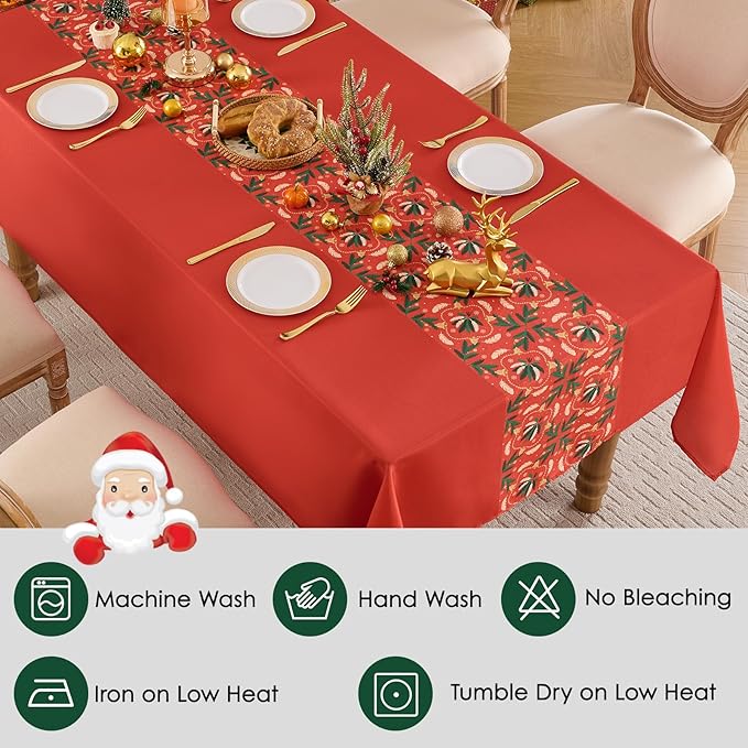 Christmas Tablecloth Rectangular 60x102 Inch Waterproof Table Cloth for 6ft, Washable Polyester Table Cover for Xmas Party, Winter Holiday Home Decoration in Festive Red 1pack