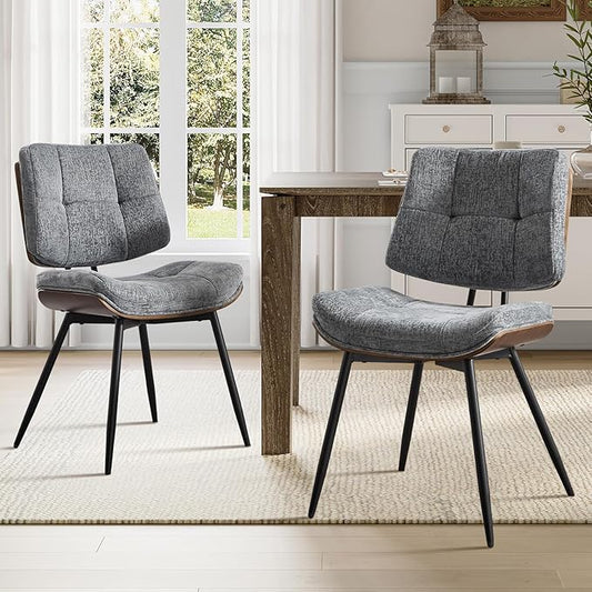 Dining Chairs Set of 2,Mid Century Modern Kitchen Chairs with Walnut Bentwood Back and Metal Legs,Upholstered Fabric Dining Room Chairs for Kitchen, Living Room,Grey