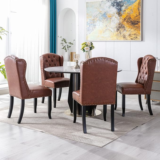 DUOMAY Modern Tufted Dining Chairs Set of 4, PU Leather Upholstered Dining Room Chairs Armless Guest Side Chair for Kitchen Dining Room, Wingback Accent Chairs with Solid Wood, Brown