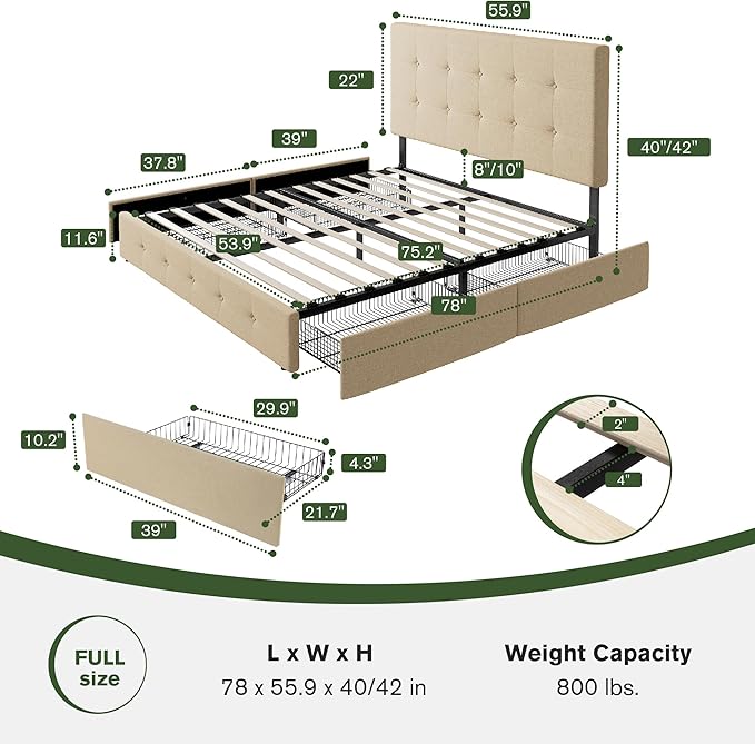 MUTICOR Full Size Bed Frame with 4 Storage Drawers, Upholstered Platform Bed with Button Tufted Adjustable Headboard, No Box Spring Needed, Easy Assembly, Square Tufted, Beige Fabric