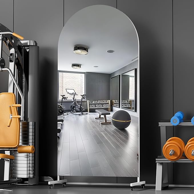 Hasipu 65" x 22" Arched Rolling Home Gym Mirror with Wheels, 360° Swivel Body Mirror with HD Tempered Glass, Large Floor Mirror for Yoga Room, Dance Studio, Bedroom & Home Gym