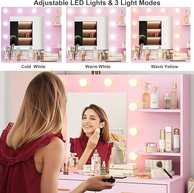 61" Vanity Desk with Mirror & Lights, White Makeup Dressing Table with 8 Drawers & 2 Shelves, 3 Lighting Modes with Adjustable Brightness for Bedroom, Pink
