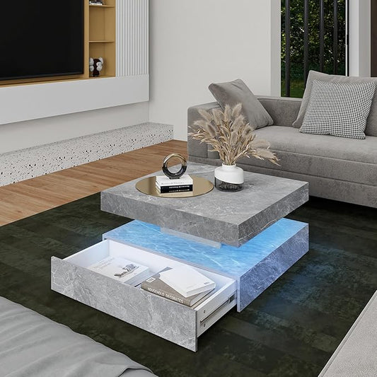 LED Coffee Table for Living Room, 2-Tier Modern Square Center Table with Music Sync Lights, High Gloss Surface, 30 3/4" x 30 3/4" (Grey)