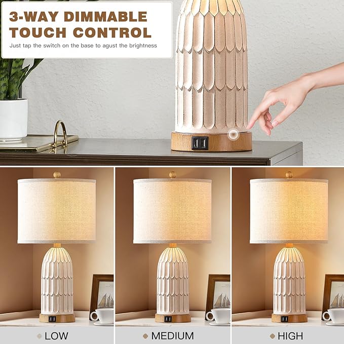 Boho Table Lamps Set of 2, Farmhouse 3-Way Dimmable Touch Nightstand Lamp with 2 USB Charging Ports, White Vintage Bedside Lamp for Bedroom Living Room End Table (Bulbs Included)