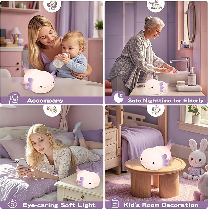 Axolotl Night Light for Kids,Cute Purple Axolotl Lamp ,LED Squishy Nursery Nightlight, Soft Silicone Novelty Animal Bedside Touch Lamp,Adorable Room Decor , Axolotl Christmas Gifts for Mom Girls Baby